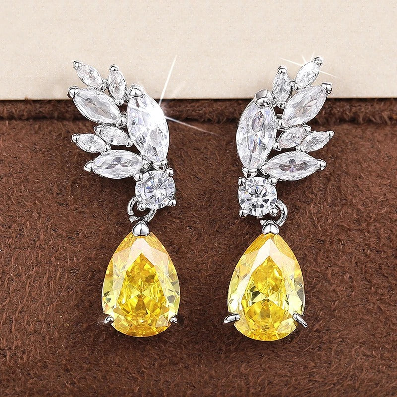 Bright Yellow Pear Zirconia Dangle Earrings-Ariette Jewelry