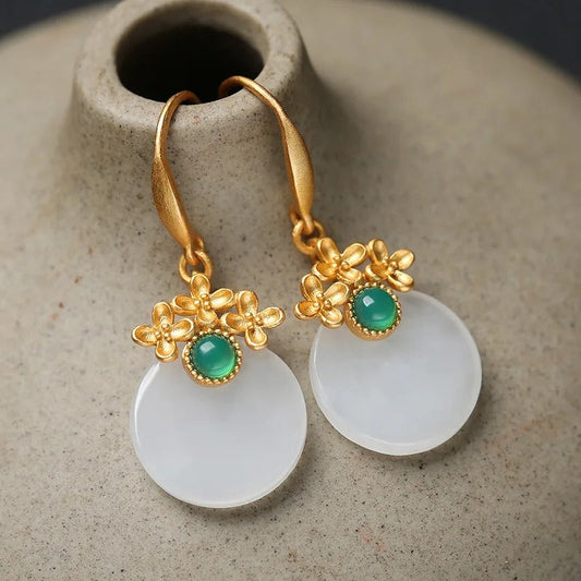 Vintage Gold & Round Green Gemstone Flower Drop Earrings-Ariette Jewelry