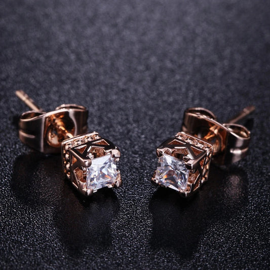 Rose Gold Princess-Cut Crystal Crown Earrings-Ariette Jewelry