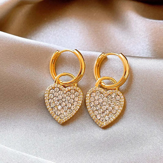 Vintage Gold Crystal-Studded Heart Hoop Earrings-Ariette Jewelry