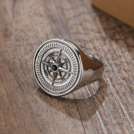Silver Compass Wheel Design & Dark Stone Ring-Ariette Jewelry