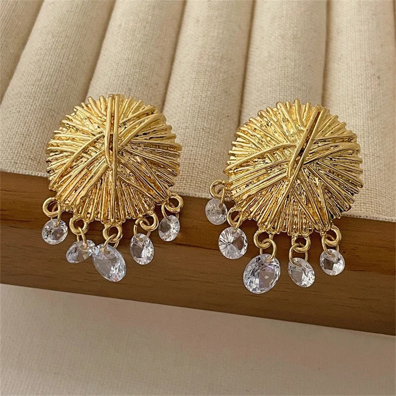 Classic Gold Textured Disc & Crystal Drop Earrings-Ariette Jewelry