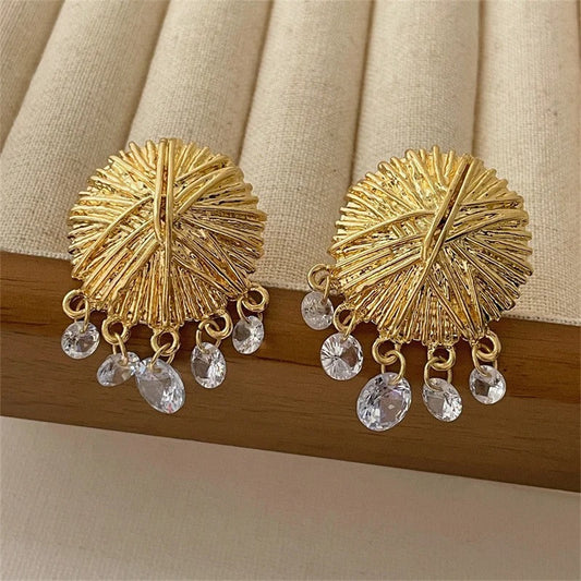 Classic Gold Textured Disc & Crystal Drop Earrings-Ariette Jewelry