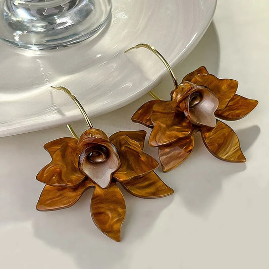 Gold Flower Brown Petals Hoop Earrings-Ariette Jewelry