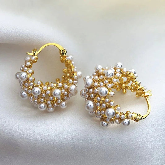 Vintage Gold Pearl Cluster Design Hoop Earrings-Ariette Jewelry