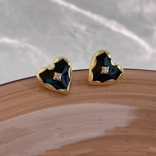 Gold Black Heart Diamond Stud Earrings-Ariette Jewelry