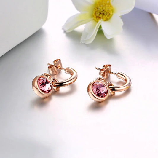 Vintage Rose Gold Pink Crystal Drop Hoop Earrings-Ariette Jewelry