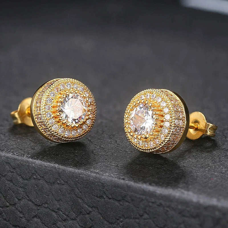 Classic Gold Crystal Halo Design Stud Earrings-Ariette Jewelry