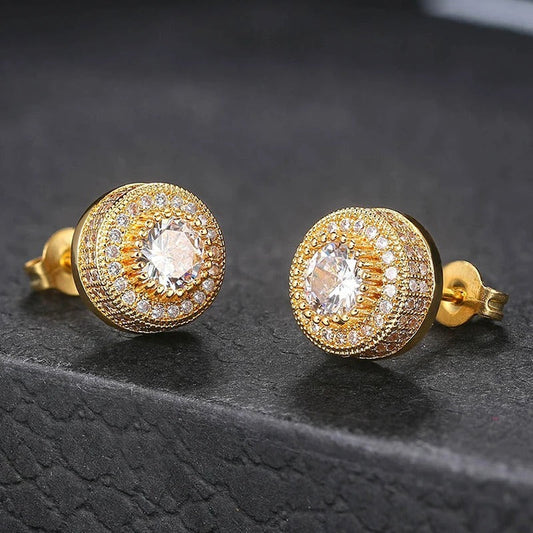 Classic Gold Crystal Halo Design Stud Earrings-Ariette Jewelry