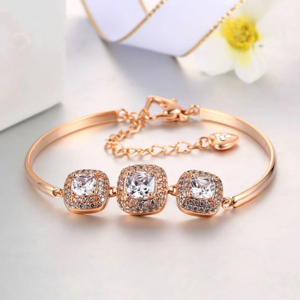 Vintage Rose Gold Triple Crystal Square Design Bracelet-Ariette Jewelry