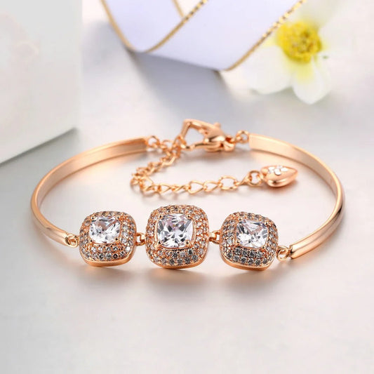 Vintage Rose Gold Triple Crystal Square Design Bracelet-Ariette Jewelry