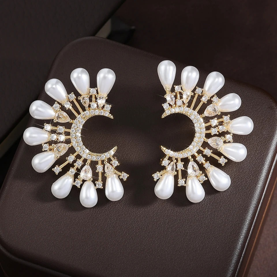 Gold Vintage Pearl Teardrop Moon Earrings-Ariette Jewelry