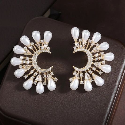 Gold Vintage Pearl Teardrop Moon Earrings-Ariette Jewelry