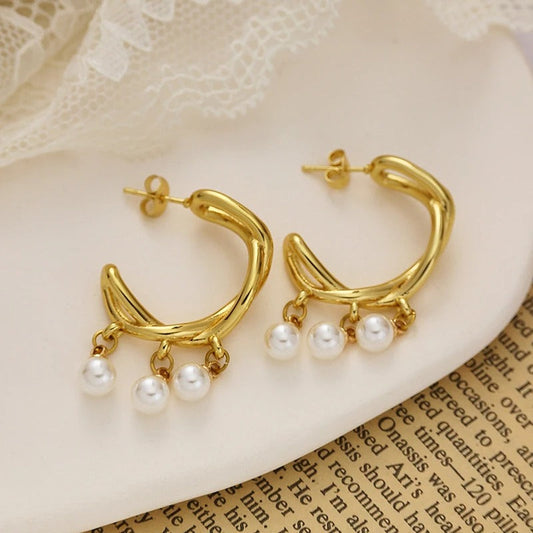 Gold White Pearl Charm Hoop Earrings-Ariette Jewelry