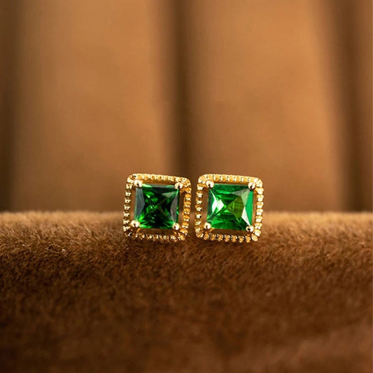 Gold Square Green Gemstone Earrings-Ariette Jewelry