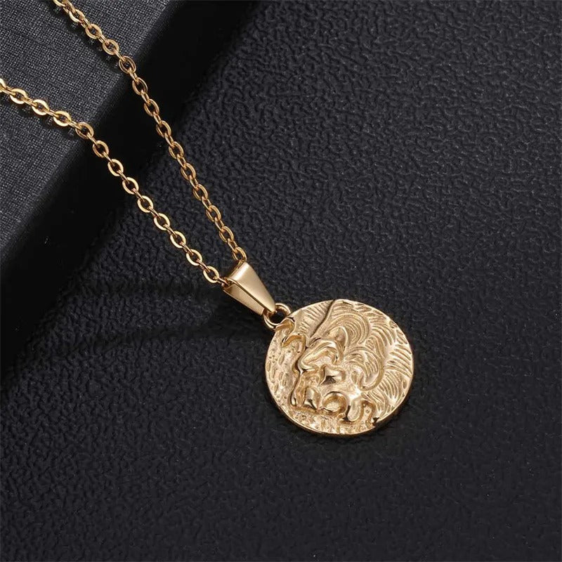 Classic Gold Engraved Lion Head Coin Pendant Necklace-Ariette Jewelry