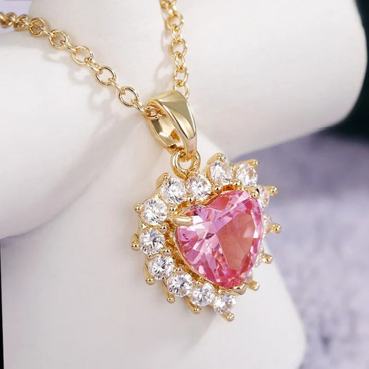 Vintage Gold Pink Heart & Crystal Necklace-Ariette Jewelry