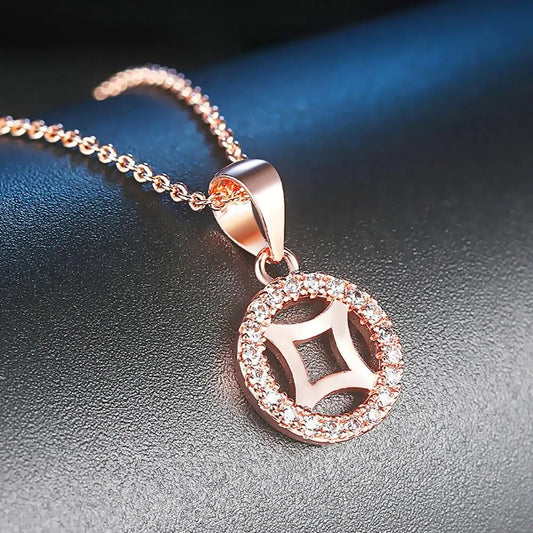 Classic Rose Gold Crystalline Circle Pendant Necklace-Ariette Jewelry