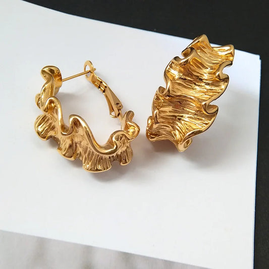 Gold Ruffled Wavy Hoop Earrings-Ariette Jewelry