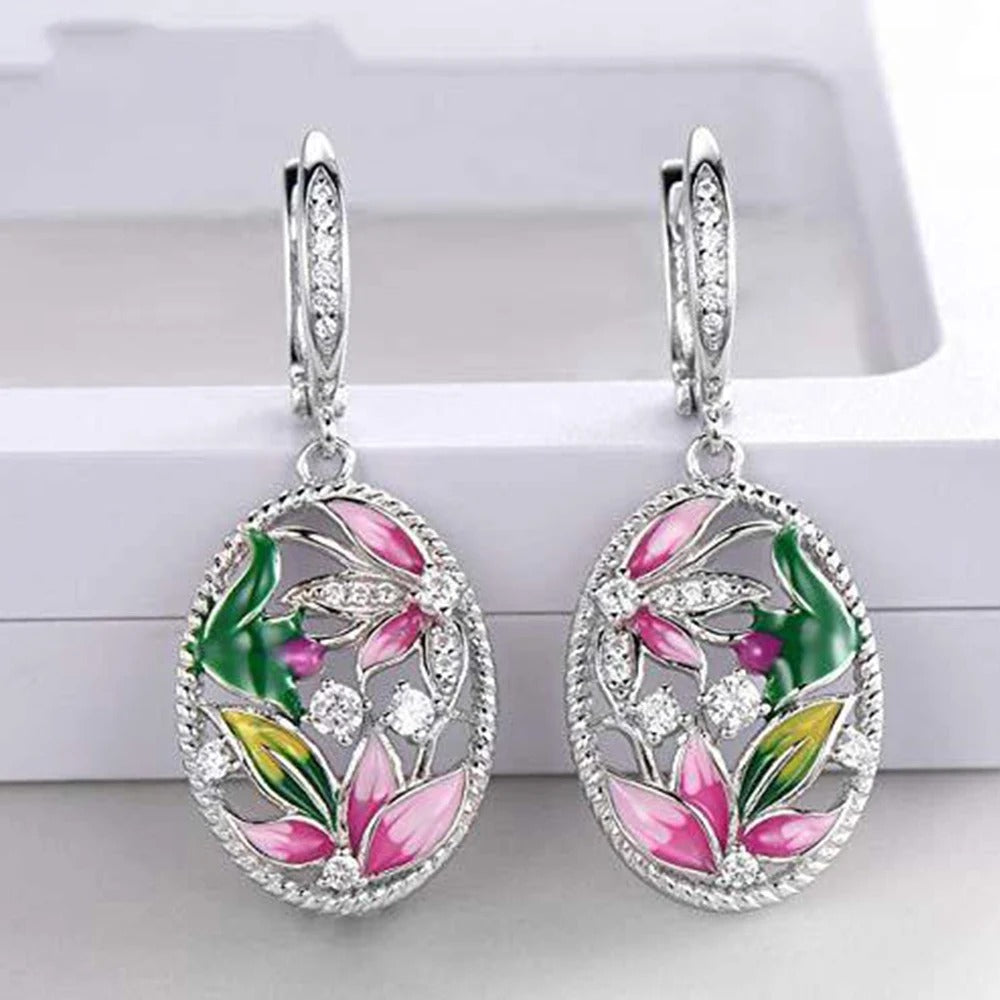 Silver Flower Crystal Dangle Earrings-Ariette Jewelry