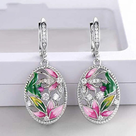 Silver Flower Crystal Dangle Earrings-Ariette Jewelry