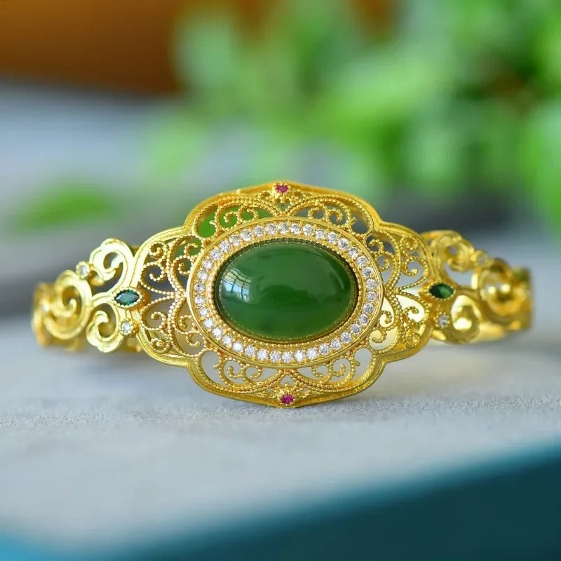 Timeless Gold Green Gem & Scrolling Floral Design Bracelet-Ariette Jewelry