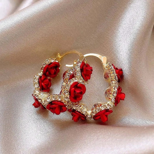 Gold Rose Crystal Hoop Earrings-Ariette Jewelry