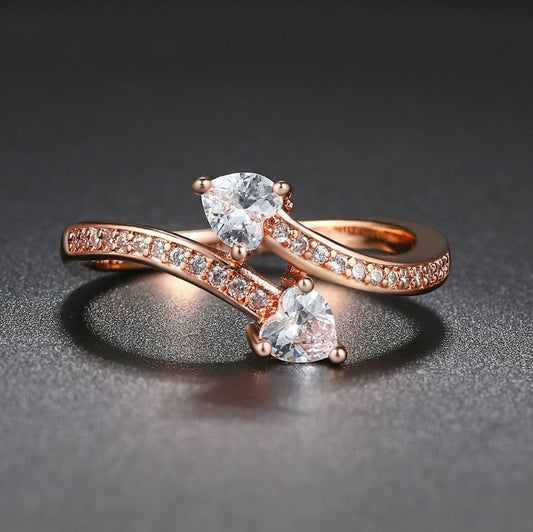 Rose Gold Two Heart Crystals & Paved Crystal Band Ring-Ariette Jewelry