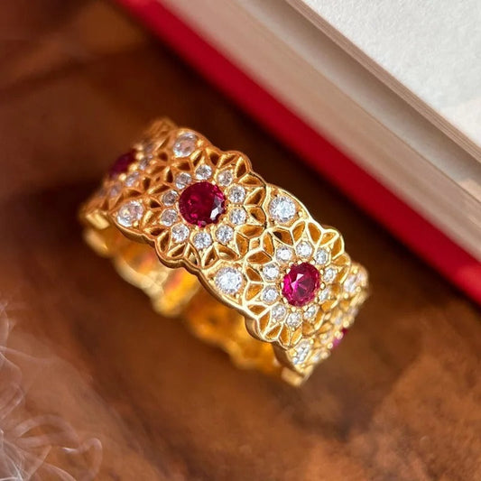 Classic Gold & Micro Inlay Ruby Sunflower Adjustable Ring-Ariette Jewelry