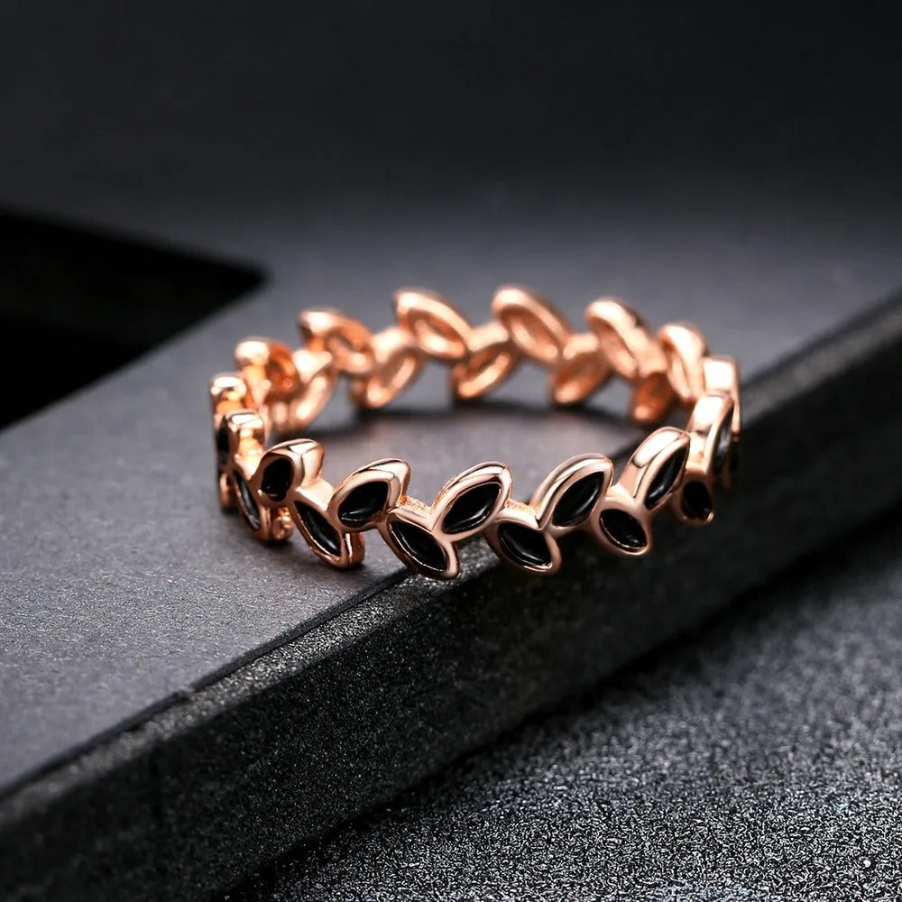 Rose Gold Leaf Motif & Black Accent Ring-Ariette Jewelry
