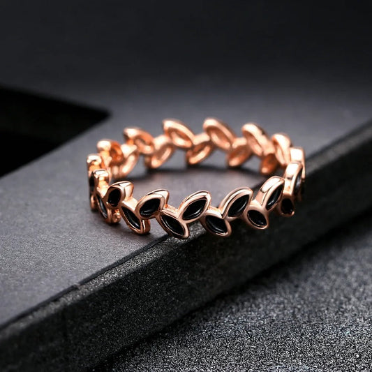 Rose Gold Leaf Motif & Black Accent Ring-Ariette Jewelry