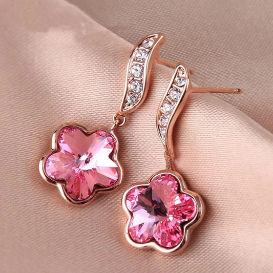 Sparkling Pink Crystal Charming Floral Earrings-Ariette Jewelry