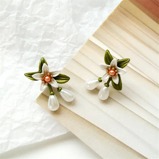 White Flower Pearl Drop Earrings-Ariette Jewelry