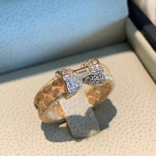 Retro Gold & Crystal Baguette Bow Adjustable Ring-Ariette Jewelry