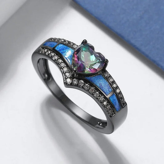 Black Heart-Shaped Gem & Blue Enamel Ring-Ariette Jewelry
