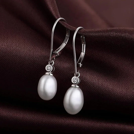 Oval Pearl Dangle Silver Earrings-Ariette Jewelry
