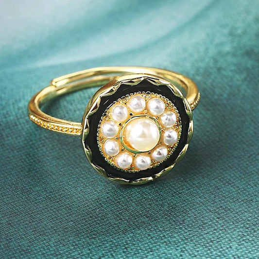 Vintage Gold Black Enamel & Radiant Pearl Adjustable Ring-Ariette Jewelry