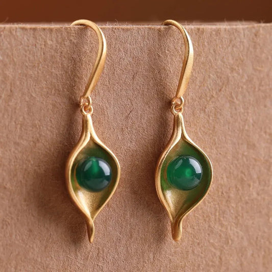 Classic Gold Oval Green Gemstone Leaf Dangle Earrings-Ariette Jewelry