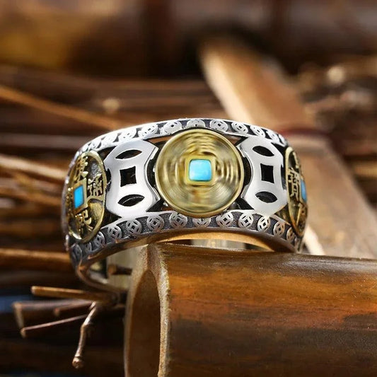Classic Silver Inlaid Copper Coin Turquoise Adjustable Ring-Ariette Jewelry