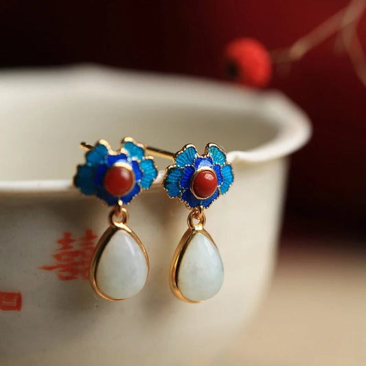 Retro Gold & Blue Floral Red White Gemstone Drop Earrings-Ariette Jewelry