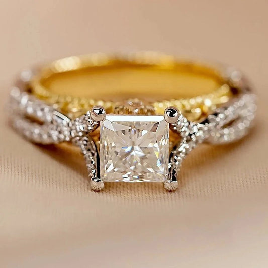 Gold Silver Twisted Princess Cut Ring-Ariette Jewelry