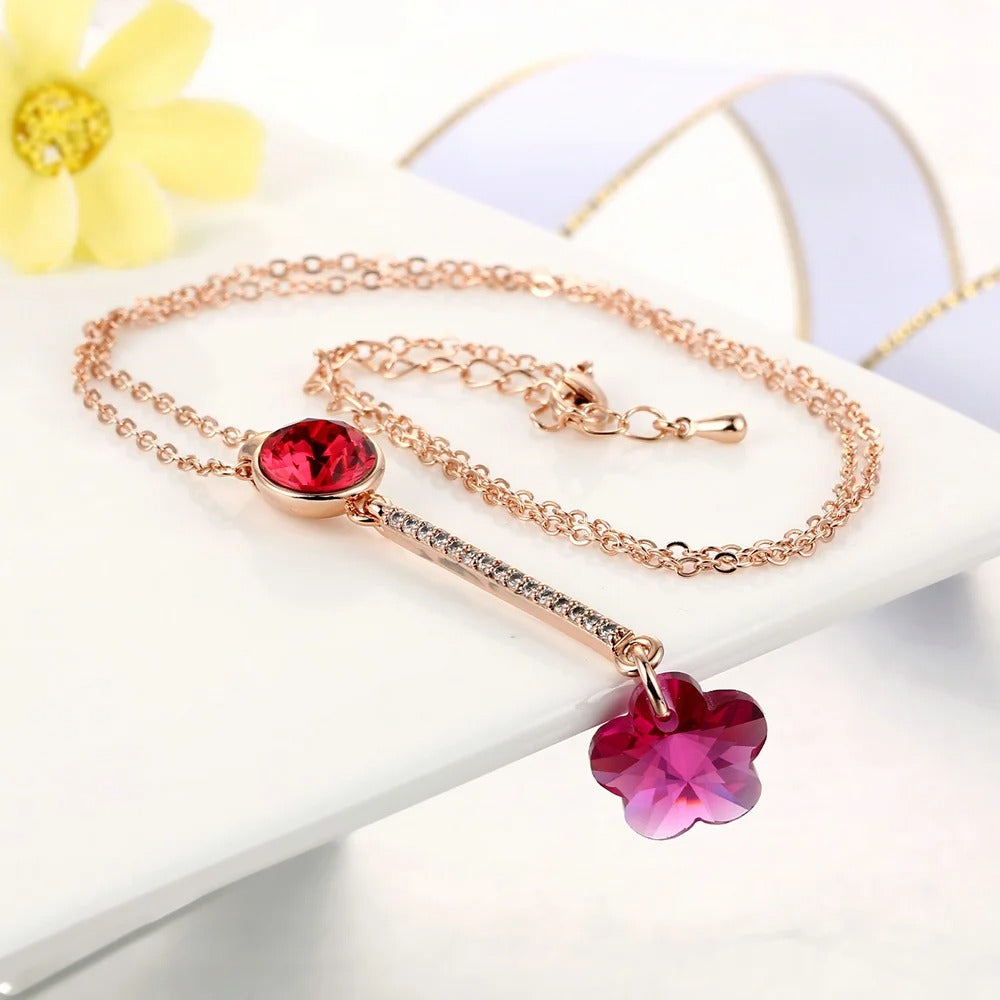 Vintage Rose Gold Red Crystal & Flower Pendant Necklace-Ariette Jewelry