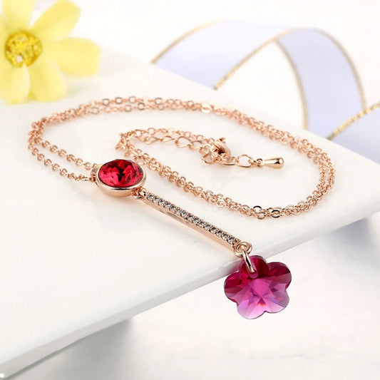Vintage Rose Gold Red Crystal & Flower Pendant Necklace-Ariette Jewelry