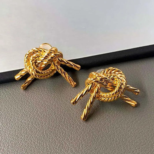 Vintage Gold Knotted Rope Design Earrings-Ariette Jewelry