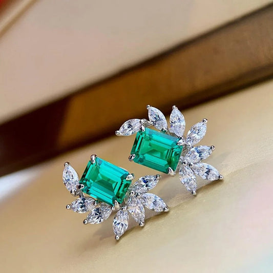 Green Rectangular Gemstone & Sparkling White Petal Earrings-Ariette Jewelry