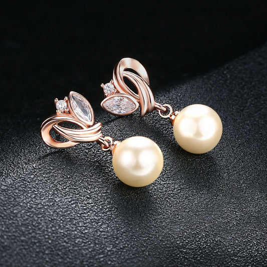 Vintage Rose Gold Pearl Dangle Earrings-Ariette Jewelry