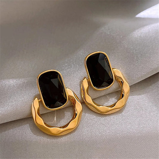 Gold & Black Oval Gemstone Hoop Earrings-Ariette Jewelry