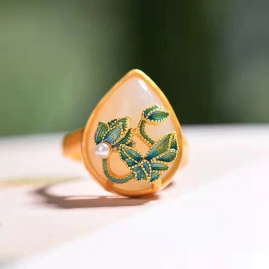 Classic Gold Jade Water Lotus Pearl Adjustable Ring-Ariette Jewelry