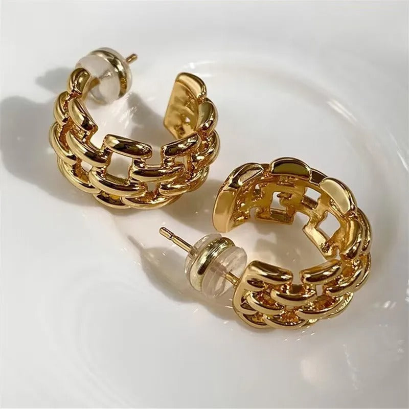 Retro Gold Chunky Hoop Design Earrings-Ariette Jewelry