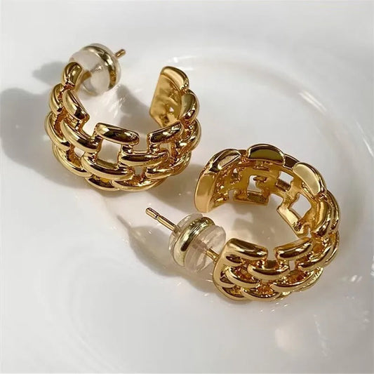 Retro Gold Chunky Hoop Design Earrings-Ariette Jewelry